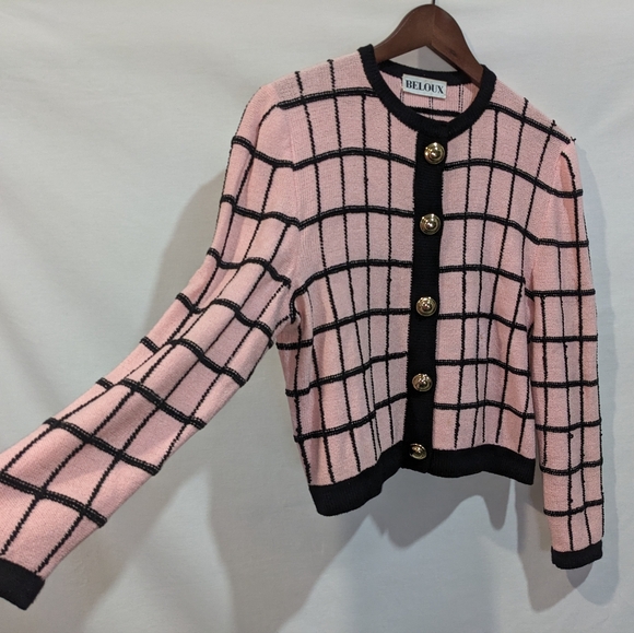 Vintage Beloux Classic Pink and Black Windowpane Cardigan Sweater Size M - Picture 5 of 9